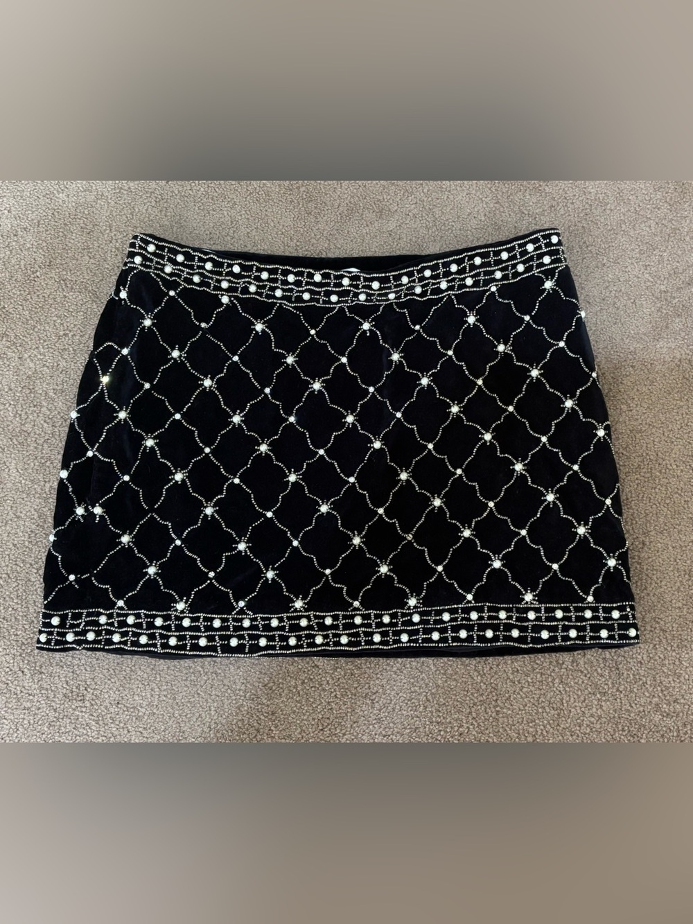 Boston Proper Black Mini Skirt with Silver Beaded Lattice
